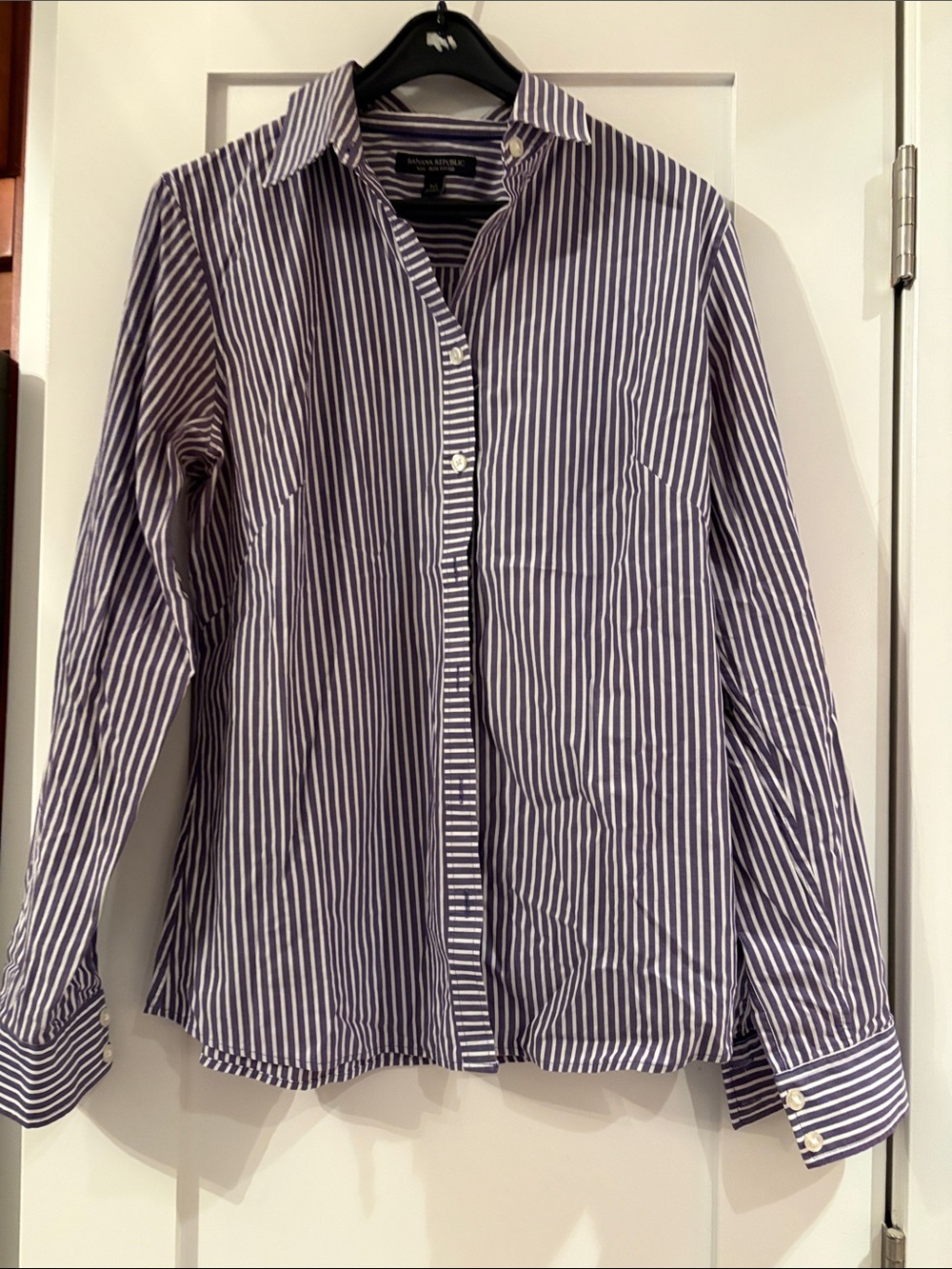 Banana Republic Women’s Blue and White Vertical Stripe Dress Shirt,